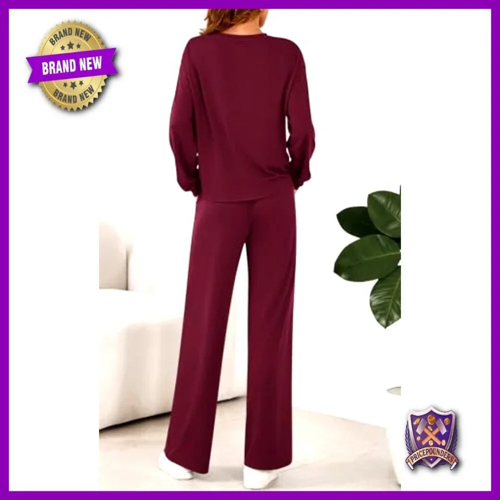 Women's 2-Piece Lounge Set Long Sleeve Crewneck Wide Leg Pants Loose Fit